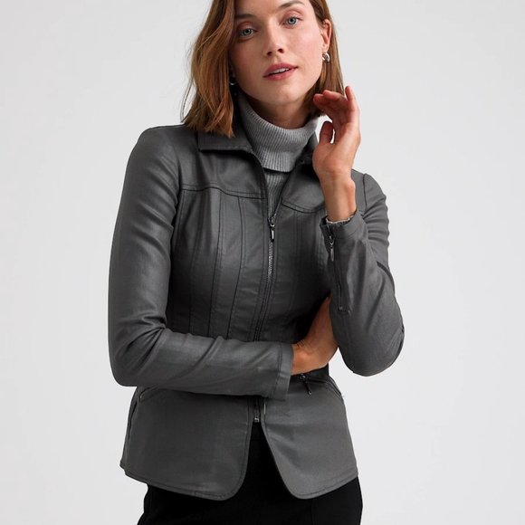 WHBM WASHABLE! Seamed Coated Denim Moto Jacket Leather Look Stretchy Moonwalk 14 - Picture 7 of 12